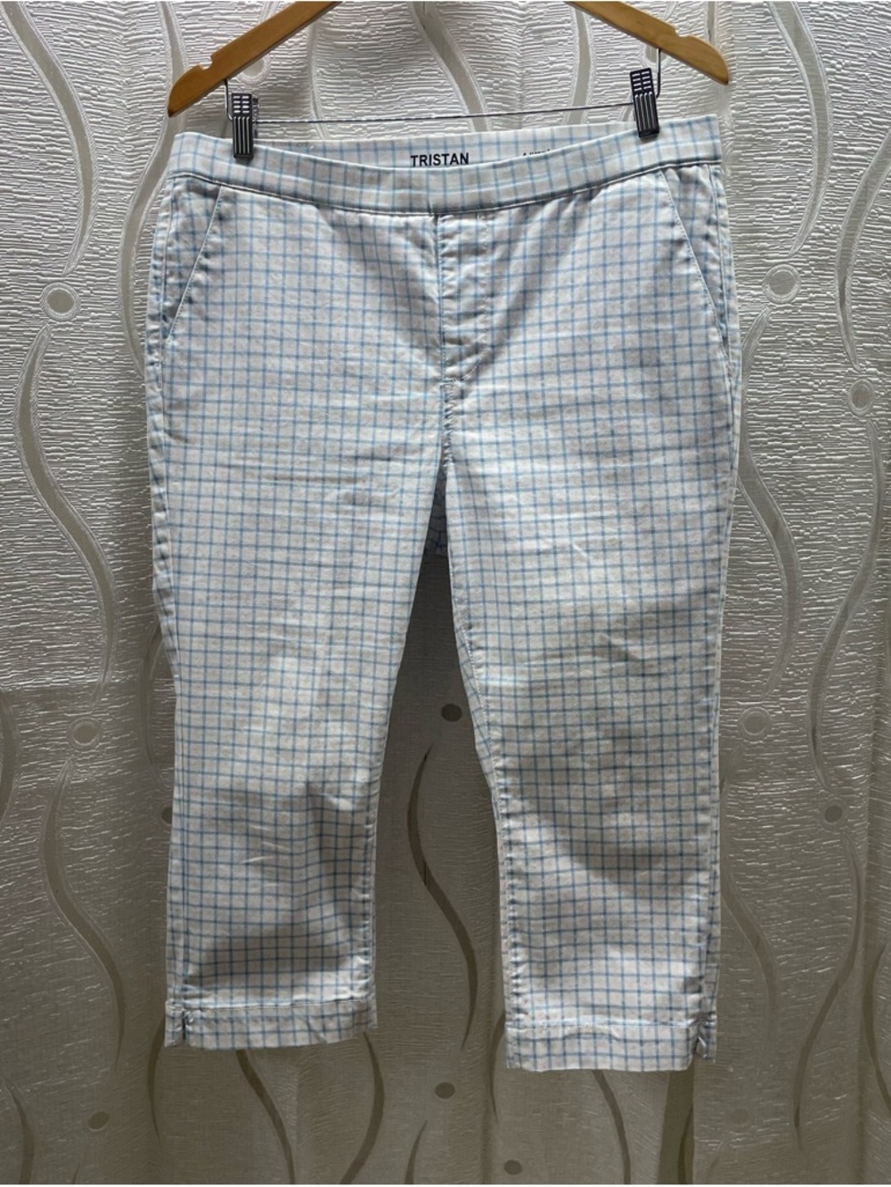 Tristan Plaid Skinny Cropped Pants Womens Large Blue‎ White Excellent Capris
